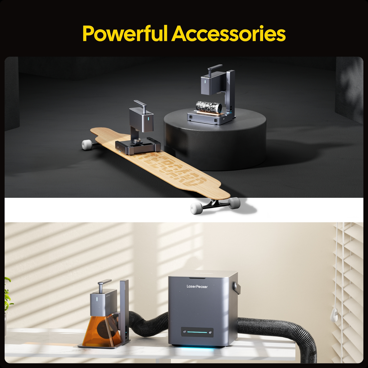 LaserPecker powerful accessories: a rotary extension for curved surfaces like skateboards and tumblers, and a smoke purifier for a clean, safe workspace.