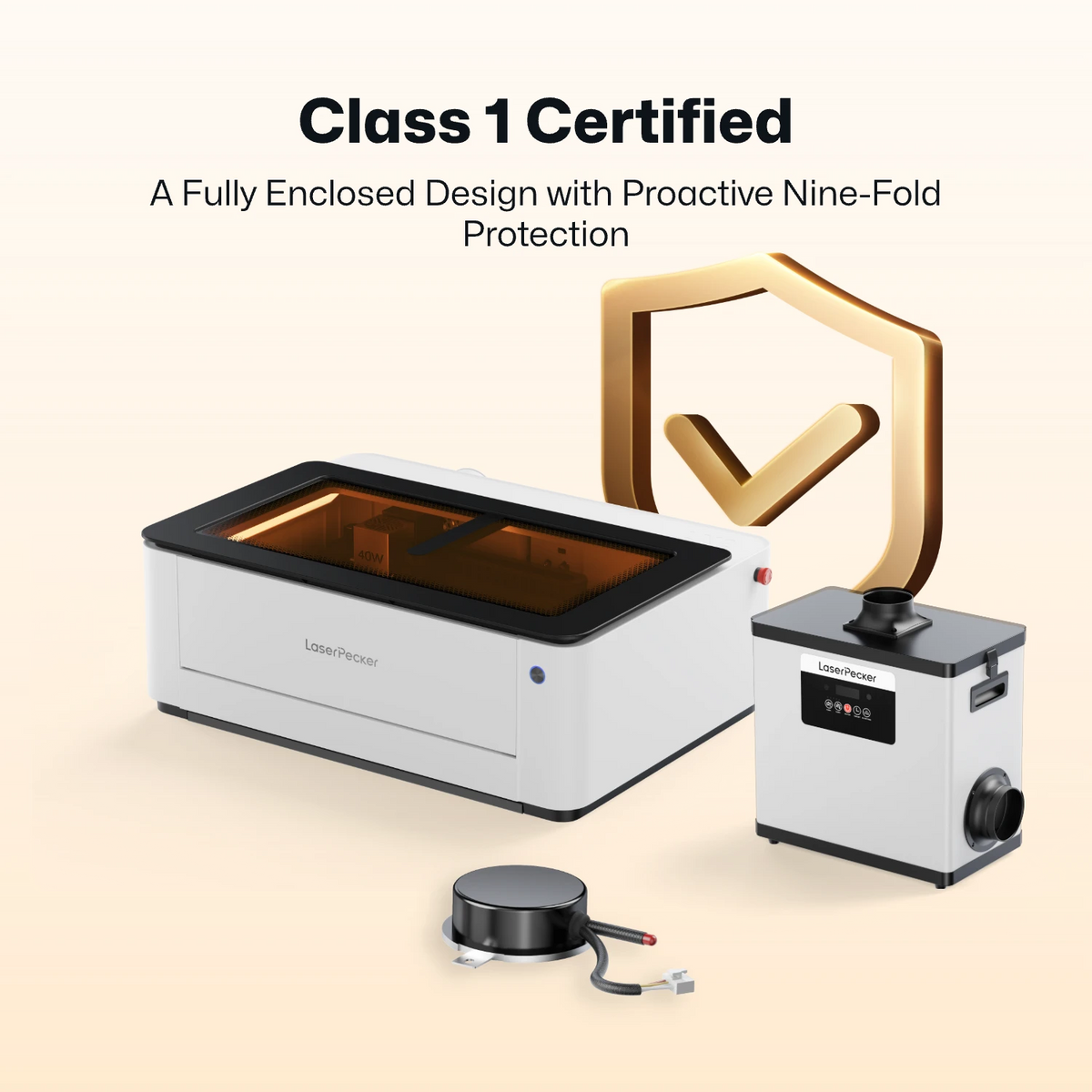 LaserPecker fully enclosed laser engraver system, featuring Class 1 laser safety certification and proactive nine-fold protection. The image includes the main engraver unit, an air purifier, and an accessory, emphasizing a safe, integrated workspace for laser processing.