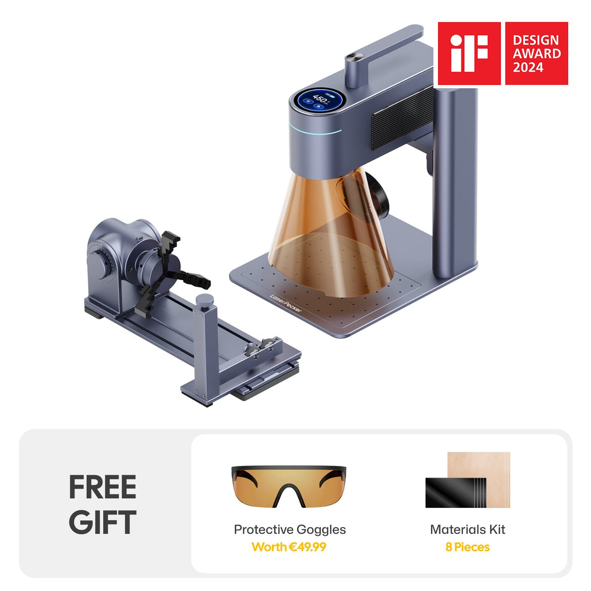 Award-winning LaserPecker LP4 laser engraver complete bundle, including the main unit, rotary attachment, plus a free gift of protective goggles (worth $49.99) and an 8-piece materials kit.