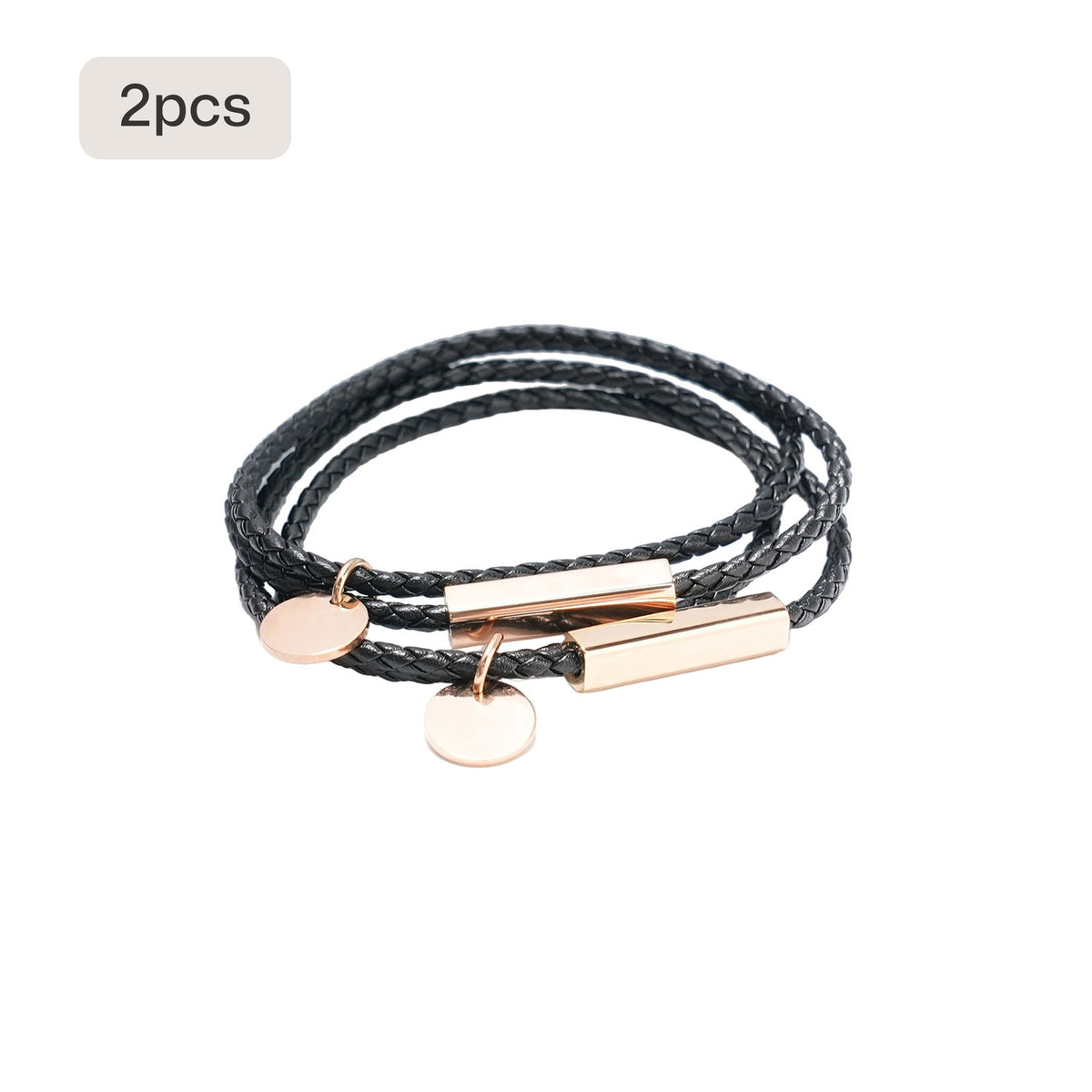 Braided Leather Bracelet with Stainless Steel Rod (2pcs)