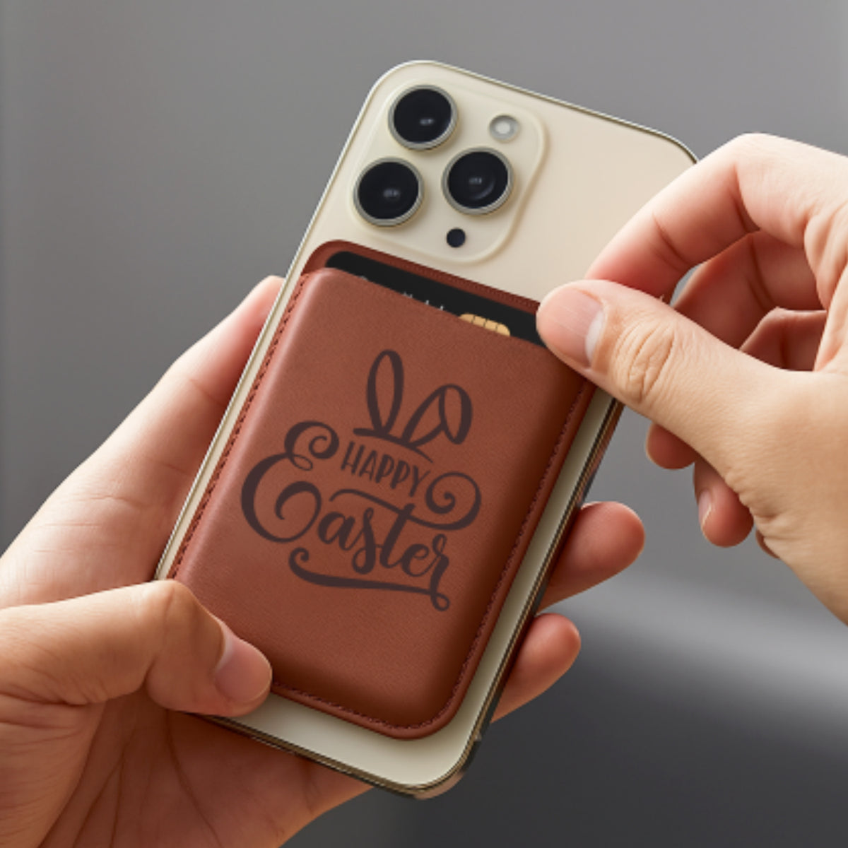A man pull his credit card from the card holder, which docks firmly on the back side of an iPhone.