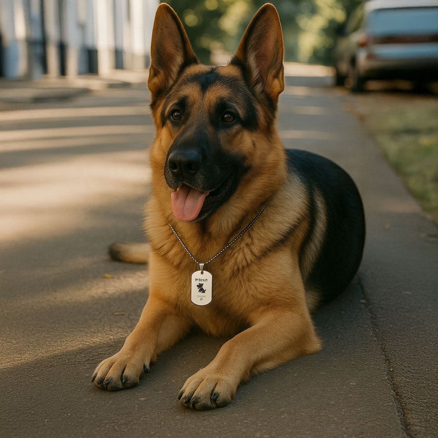 A dog wears the necklace with its info engraved on the tag.