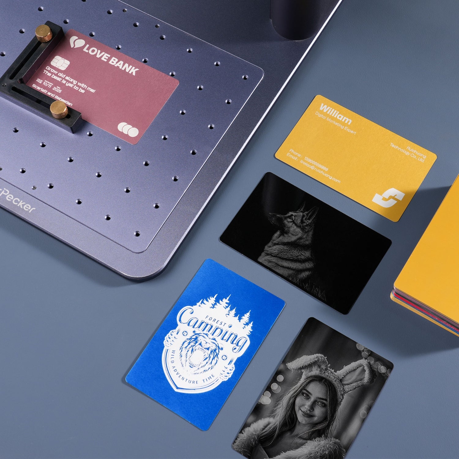 Text, logo and photo engravings on the card