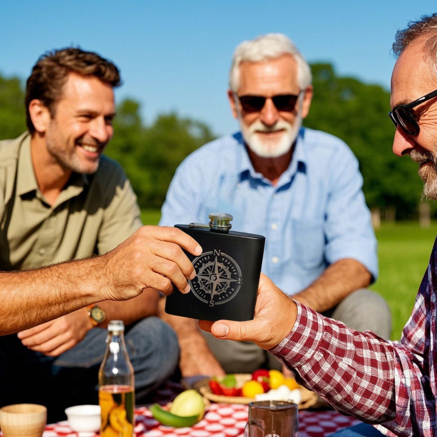 Four man sit on the grass and share their liquor in the flask.