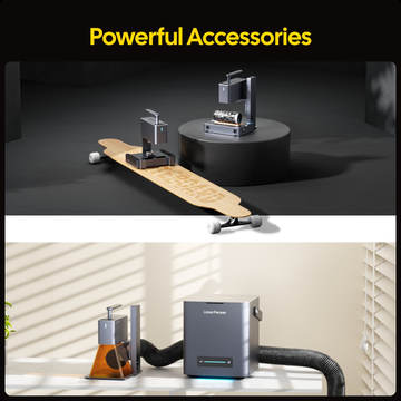 LaserPecker powerful accessories: a rotary extension for curved surfaces like skateboards and tumblers, and a smoke purifier for a clean, safe workspace.