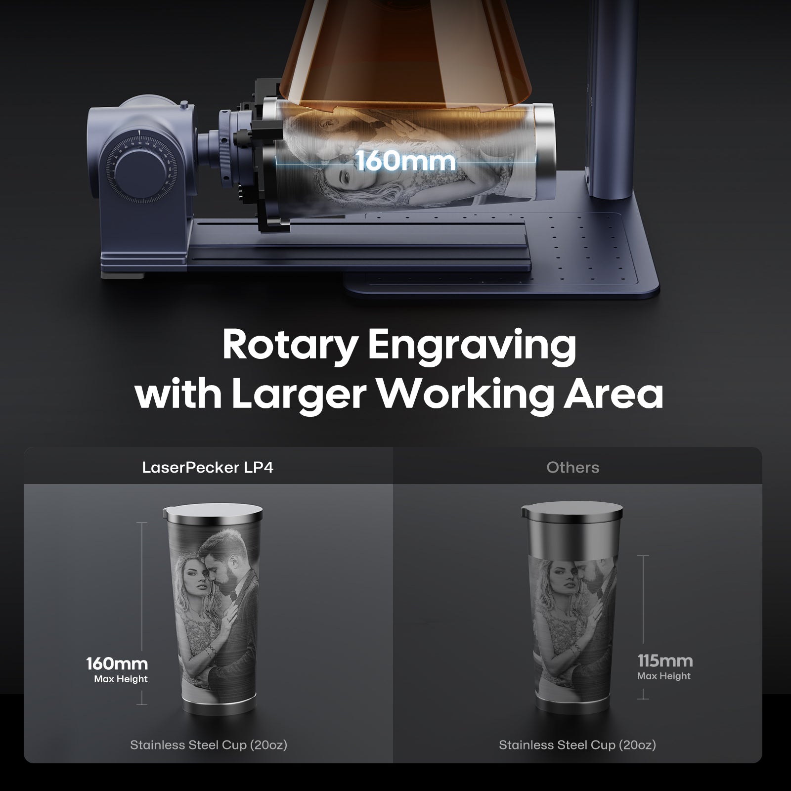 Rotary engraving with larger working area to 160mm height