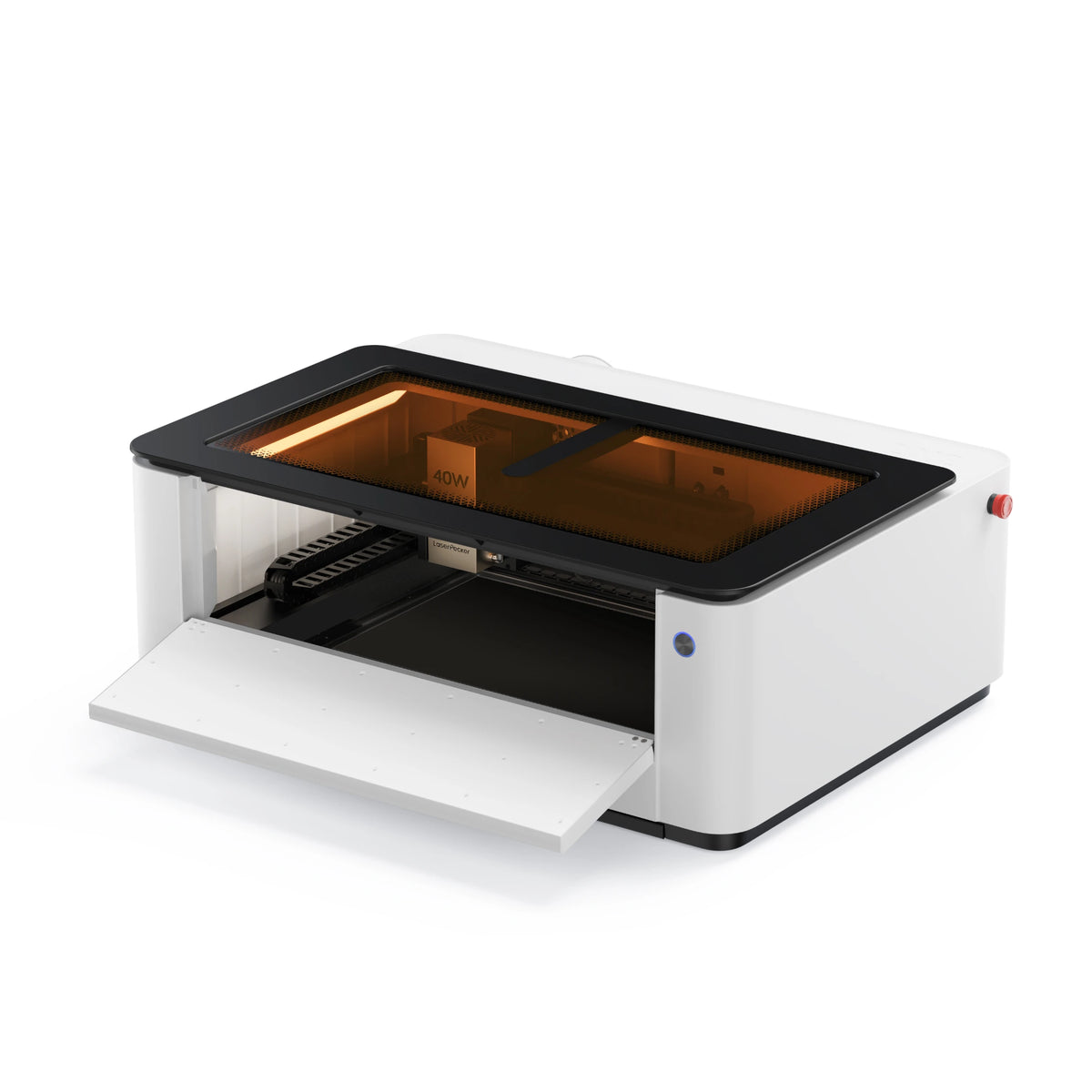 LaserPecker LX2 all-in-one laser cutter with front door open, showing internal workspace