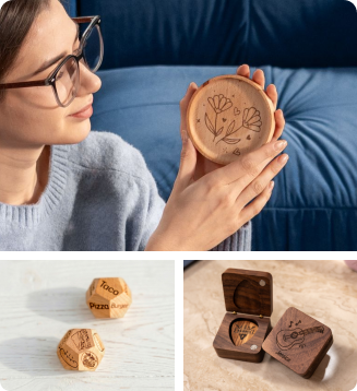 Customized wooden coasters with floral patterns made by LP1 Plus, perfect for personalized gifts."alt="Custom wooden dice engraved by LP1 Plus to help with indecision, a fun and creative DIY solution for choosing what to eat or do.