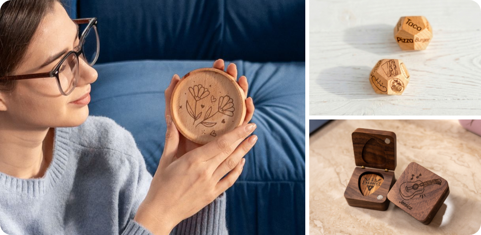 Customized wooden coasters with floral patterns made by LP1 Plus, perfect for personalized gifts."alt="Custom wooden dice engraved by LP1 Plus to help with indecision, a fun and creative DIY solution for choosing what to eat or do.