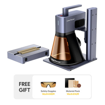 LaserPecker LP2 Plus SpinTrack bundle with an additional versatile electric roller, plus a free gift of safety goggles (worth €49,99) and a material pack (worth €14,99), offering a complete solution for both standard and round-shaped engraving projects.