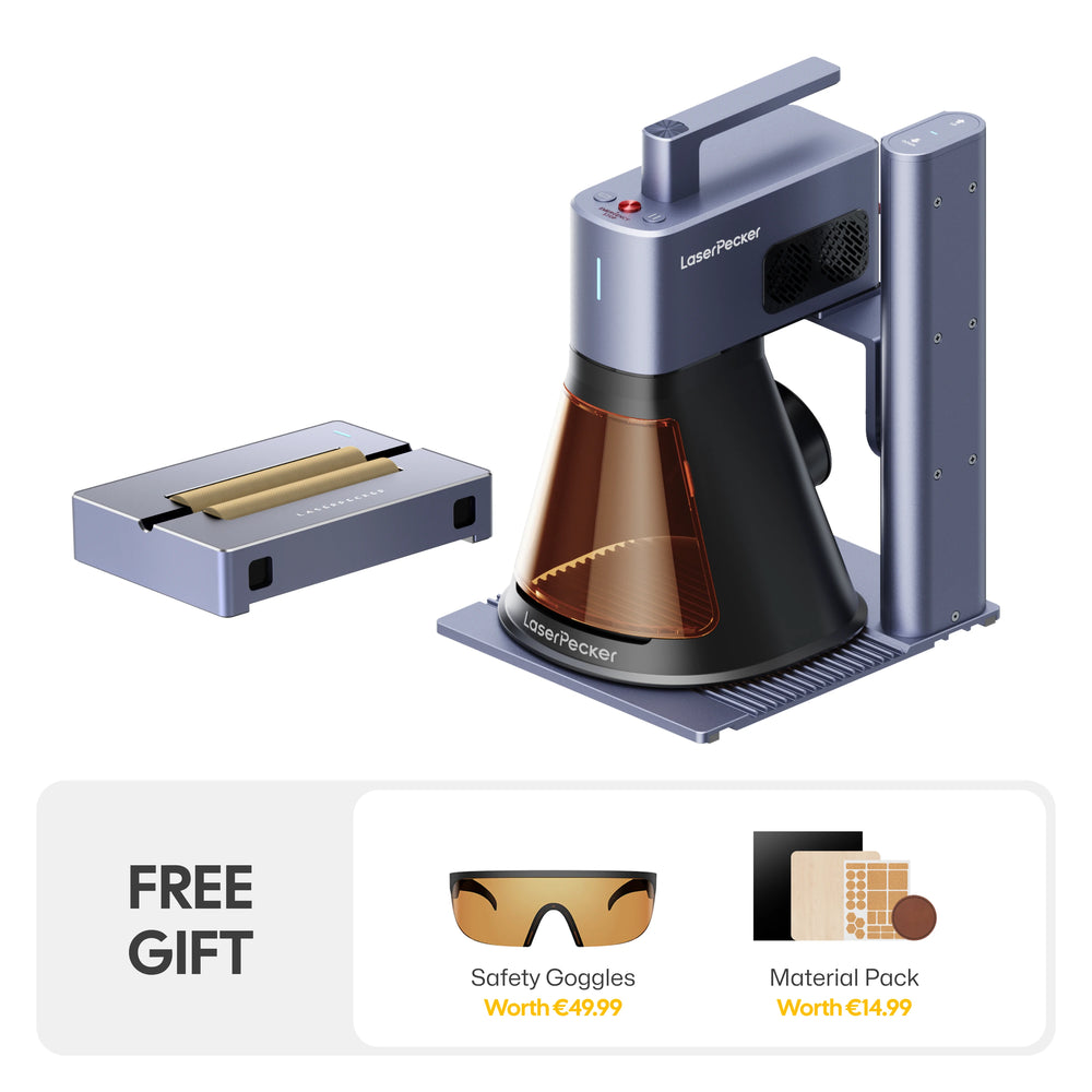 LaserPecker LP2 Plus SpinTrack bundle with an additional versatile electric roller, plus a free gift of safety goggles (worth €49,99) and a material pack (worth €14,99), offering a complete solution for both standard and round-shaped engraving projects.