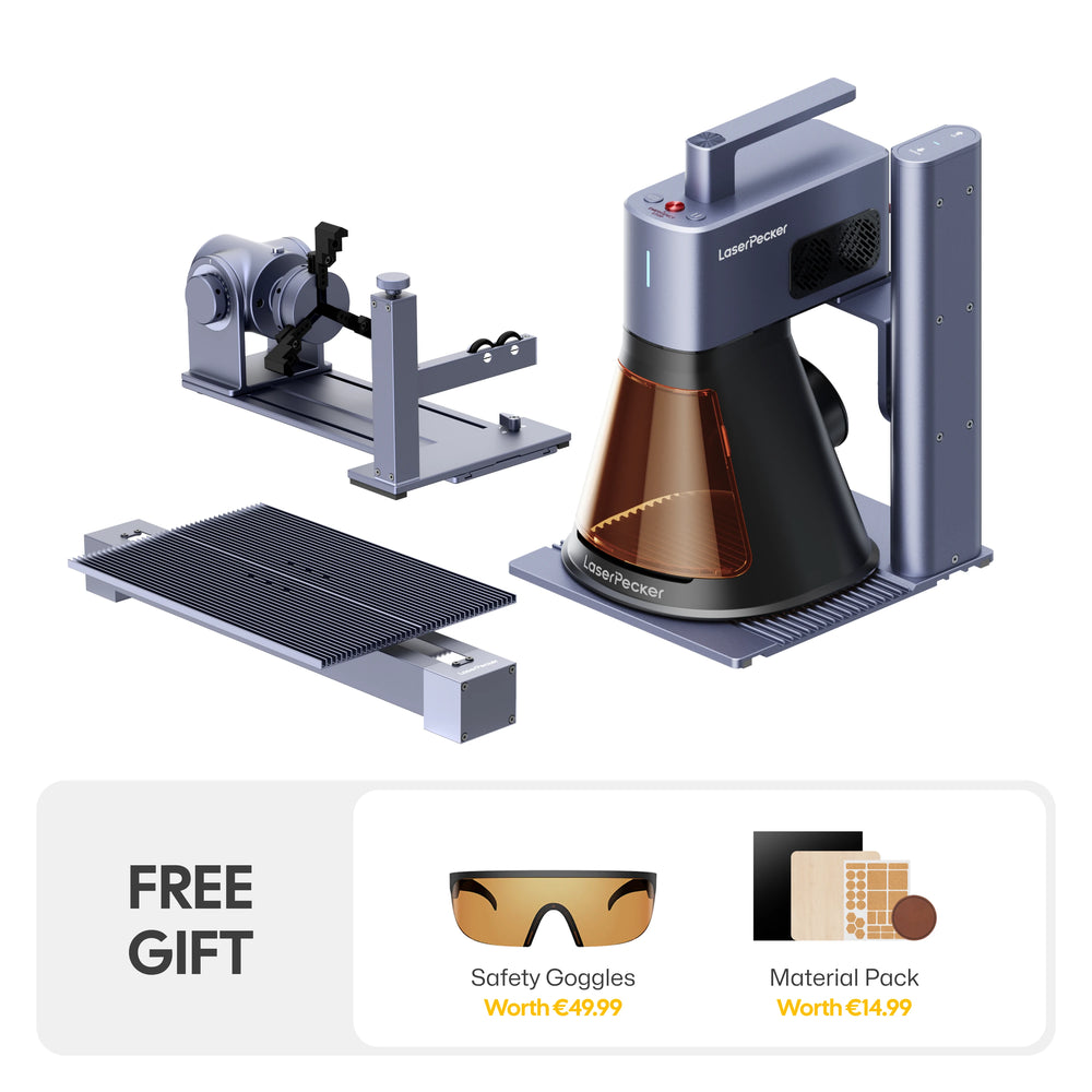 LaserPecker LP2 Plus pro-grade bundle including the basic main unit, rotary extension, and slide extension, plus a free gift of safety goggles (worth €49,99) and a material pack (worth €14,99), offering a complete, versatile solution for all engraving needs.