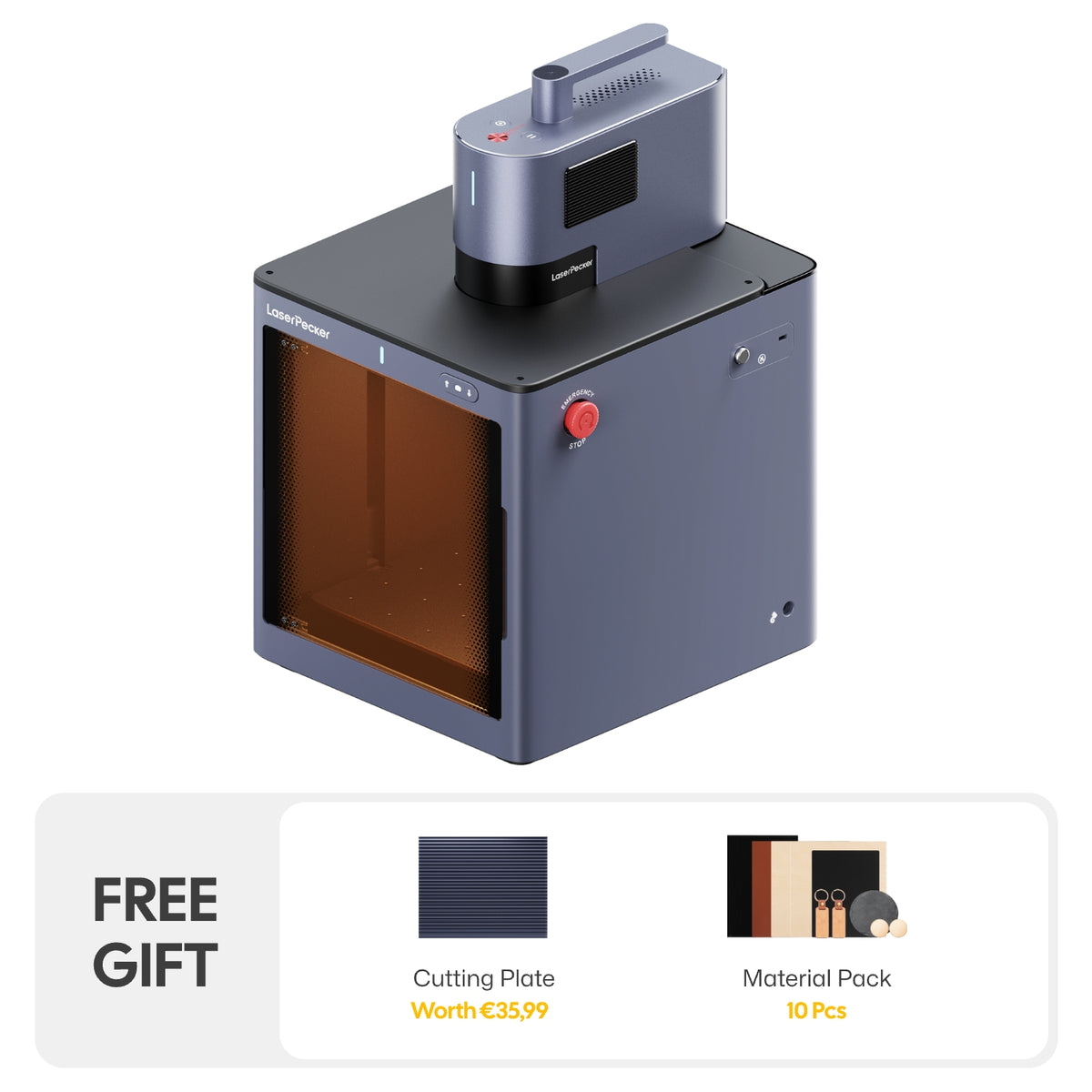 Le bundle LP5 Safeguard Basic comprend le LaserPecker LP5 et une enceinte de sécurité dédiée entièrement fermée. Il est livré avec une plaque de découpe gratuite d'une valeur de 35,99 € et un kit de matériaux de 10 pièces.
