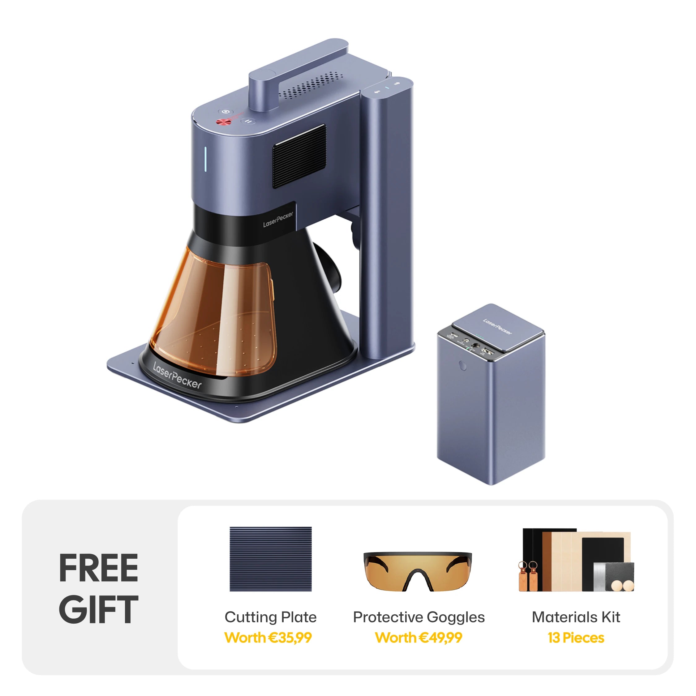 LaserPecker laser engraver with a portable power bank, paired with a free gift bundle including a cutting plate, protective goggles, and a 13-piece materials kit.