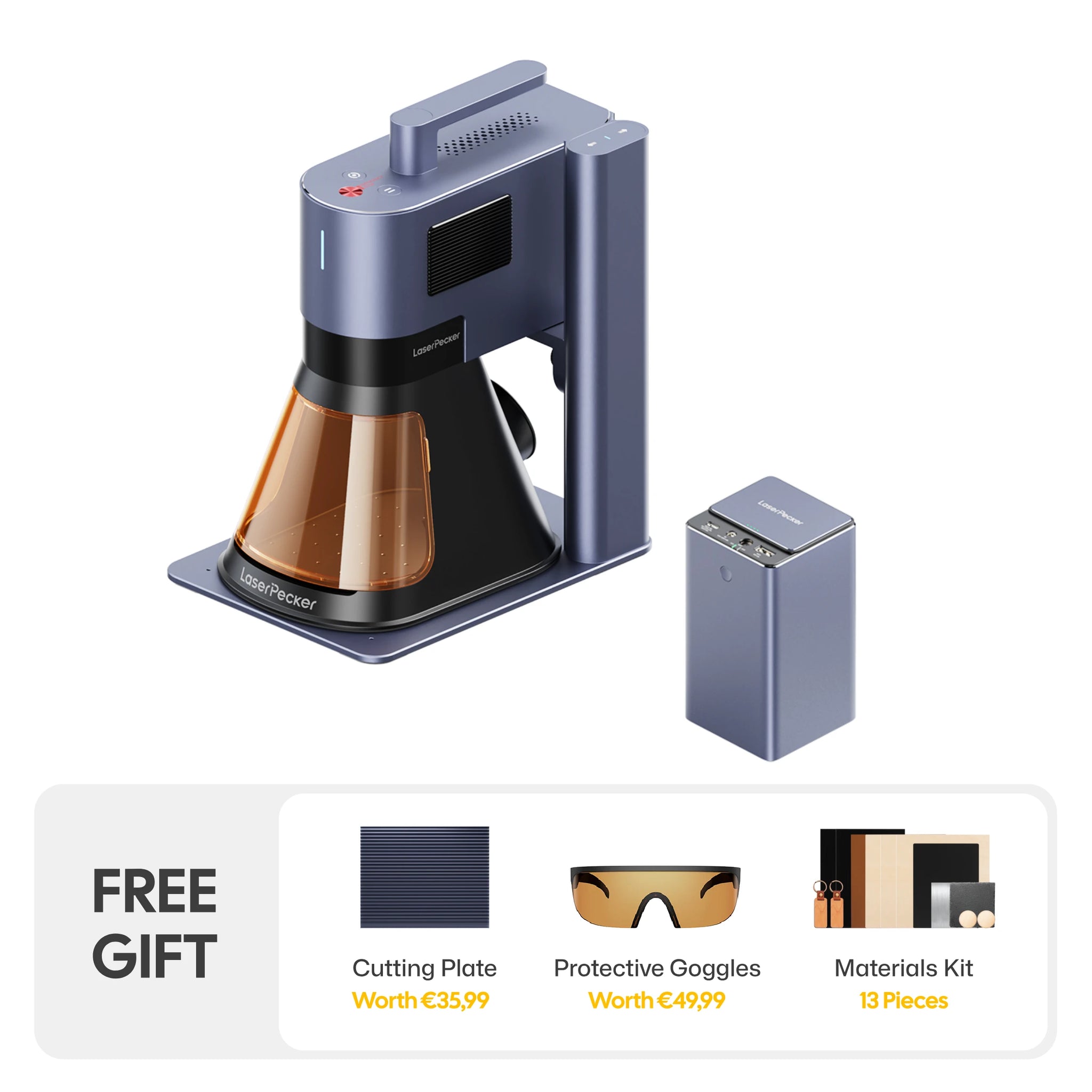 LaserPecker laser engraver with a portable power bank, paired with a free gift bundle including a cutting plate, protective goggles, and a 13-piece materials kit.