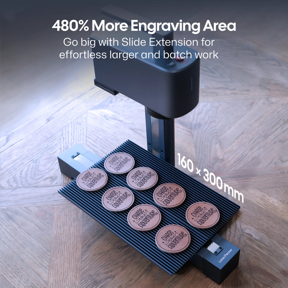 LaserPecker Slide Extension delivering 480% more engraving area (160×300mm), enabling effortless large-format and batch engraving, demonstrated with multiple leather coasters.