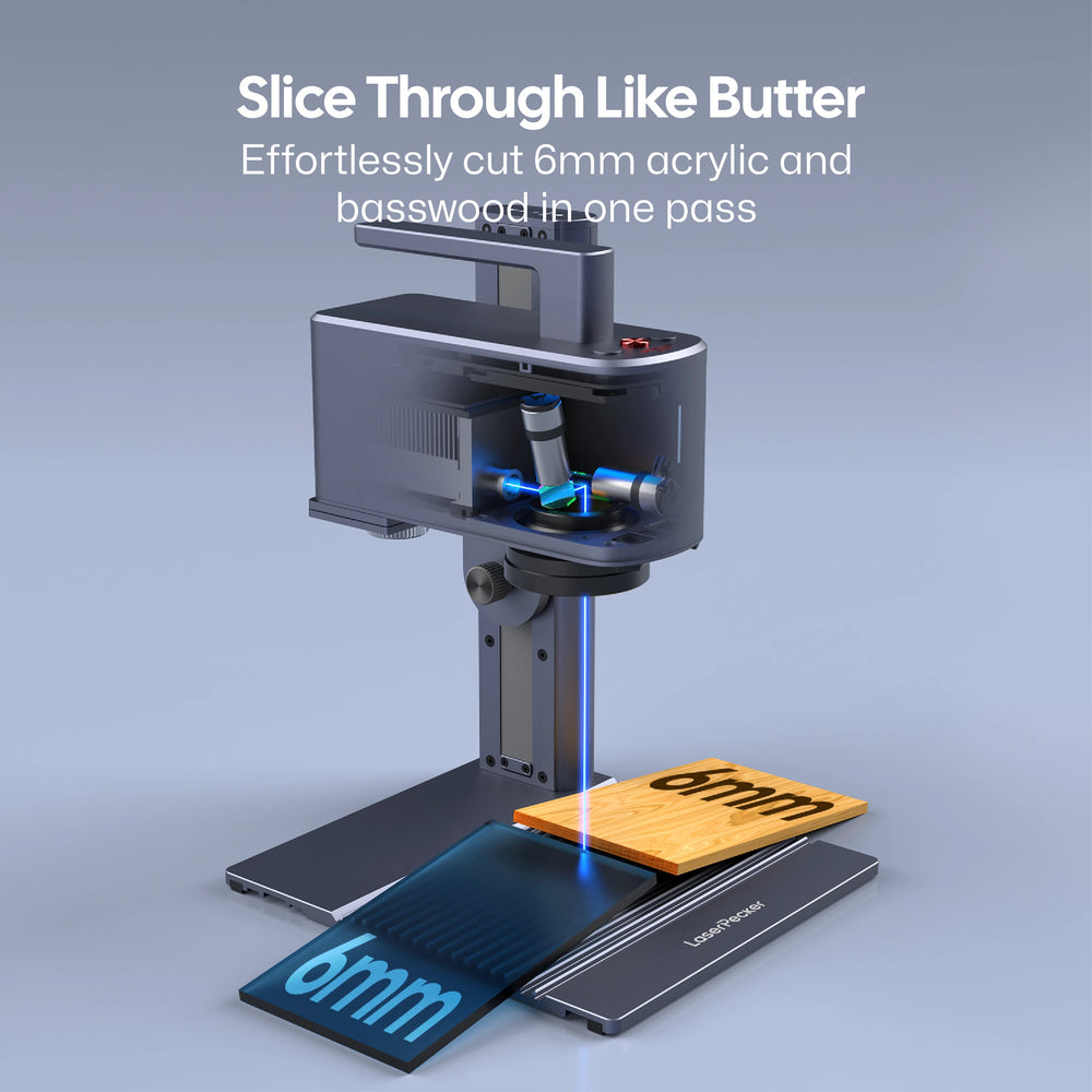 LaserPecker laser engraver demonstrating its powerful cutting capability, effortlessly slicing through 6mm acrylic and basswood in one pass, with the slogan 
