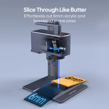 LaserPecker laser engraver demonstrating its powerful cutting capability, effortlessly slicing through 6mm acrylic and basswood in one pass, with the slogan "Slice Through Like Butter".