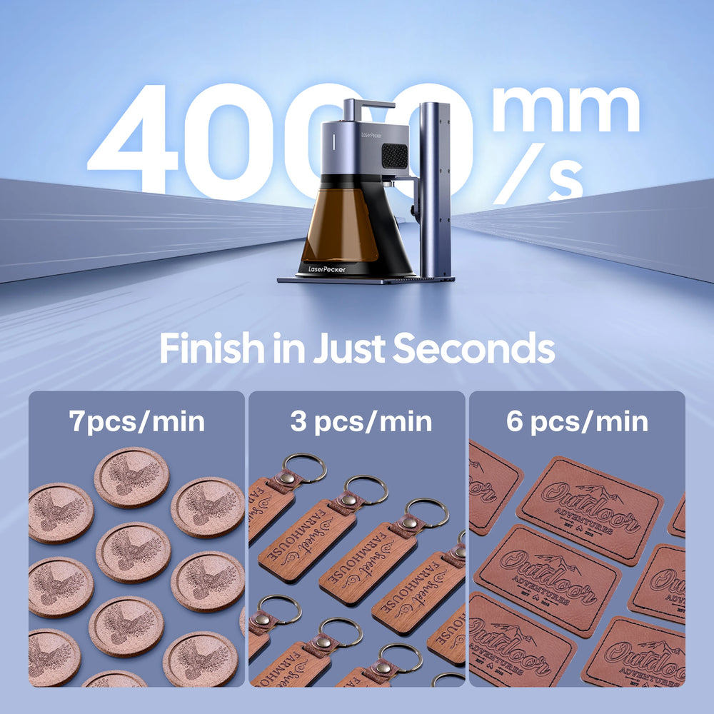 LaserPecker laser engraver with 4000mm/s high-speed engraving, showcasing productivity with up to 7 wooden coasters, 3 keychains, or 6 leather tags per minute, with the slogan 