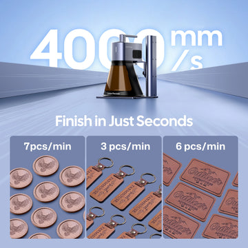 LaserPecker laser engraver with 4000mm/s high-speed engraving, showcasing productivity with up to 7 wooden coasters, 3 keychains, or 6 leather tags per minute, with the slogan "Finish in Just Seconds".
