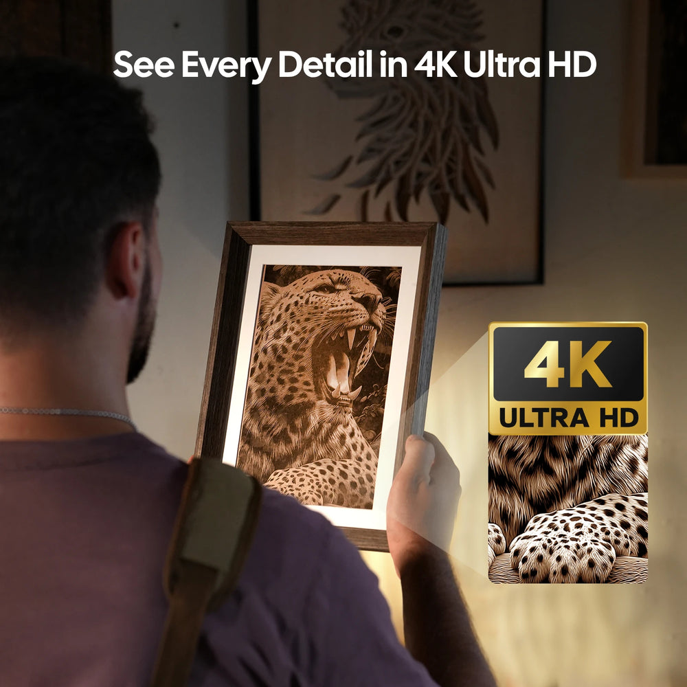 LaserPecker laser engraver showcasing a 4K Ultra HD detailed engraving of a leopard, with the slogan 