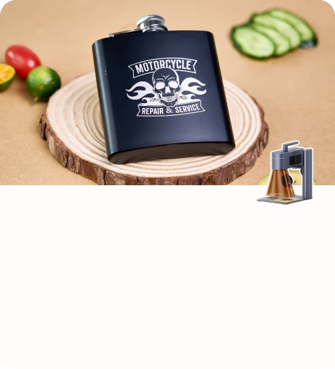 Personalized metal flask with a custom motorcycle-themed engraving.
