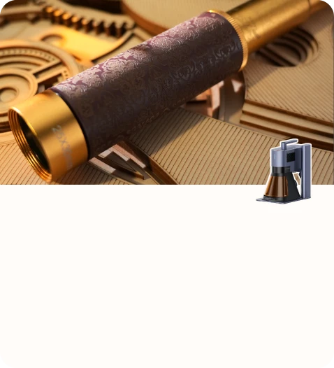 A decorative engraved telescope placed on a detailed mechanical-style surface.
