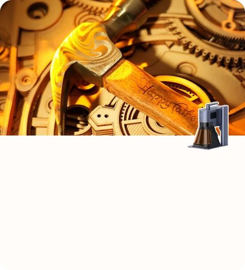 An engraved hand tool featuring artistic patterns displayed among wooden gears and mechanisms.