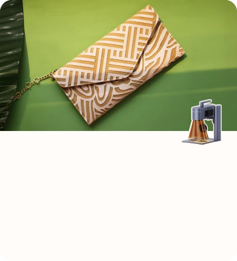 A personalized leather pouch with decorative laser-engraved artwork.