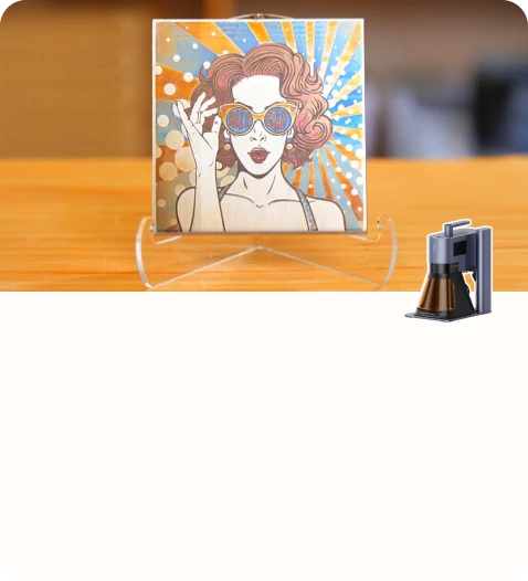 Decorative laser-engraved portrait art with a retro-style illustration.