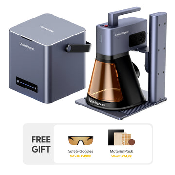 LaserPecker LP2 Plus CleanAir bundle with air purifier, plus a free gift of safety goggles (worth €49,99) and a material pack (worth €14,99), offering a safe, clean solution for engraving projects.