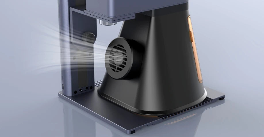 LaserPecker LP2 Plus featuring a high-power exhausting fan for 100% stronger smoke clearance and faster fume evacuation during laser cutting and engraving.