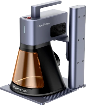 LaserPecker LP2 Plus portable laser engraver with protective shield and electric stand, featuring a compact design for high-speed precision metal and wood etching.
