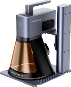 LaserPecker LP2 Plus portable laser engraver with protective shield and electric stand, featuring a compact design for high-speed precision metal and wood etching.
