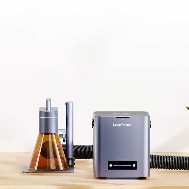 LaserPecker LP4 laser engraver paired with a desktop air purifier for clean indoor air.