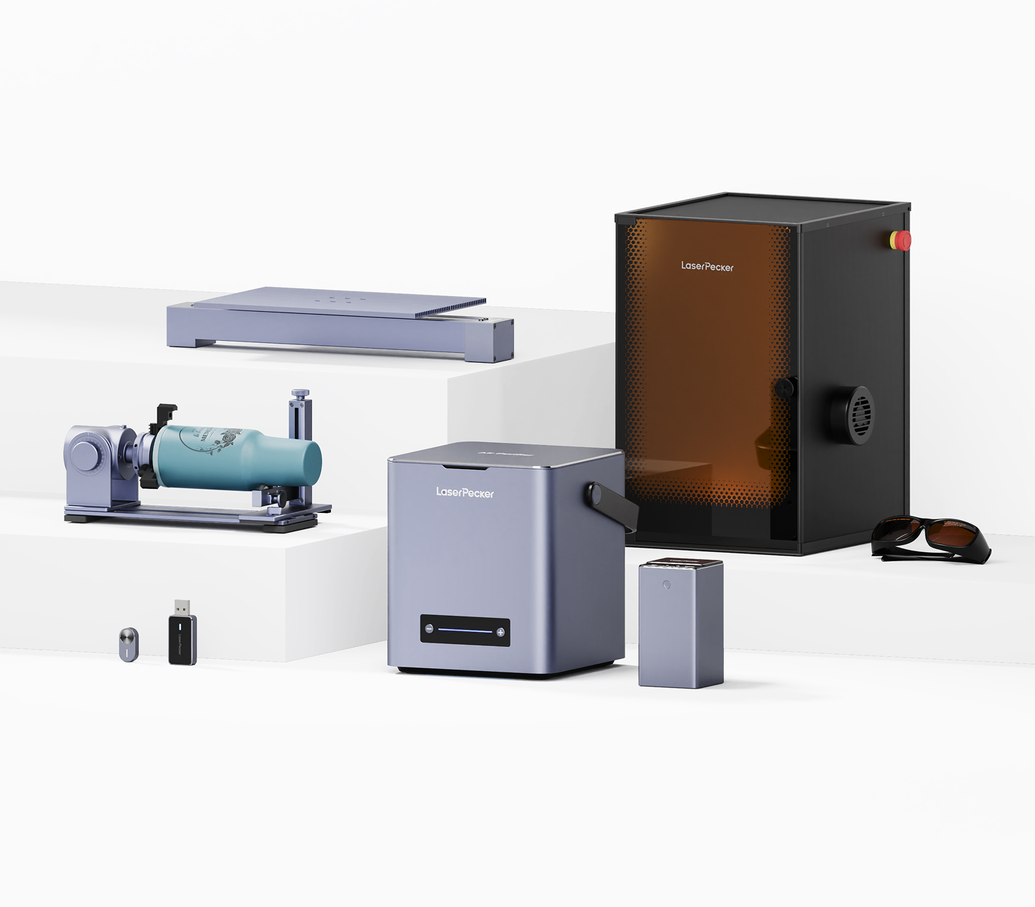 A collection of LaserPecker LP4 accessories for extension, safety, and portability.
