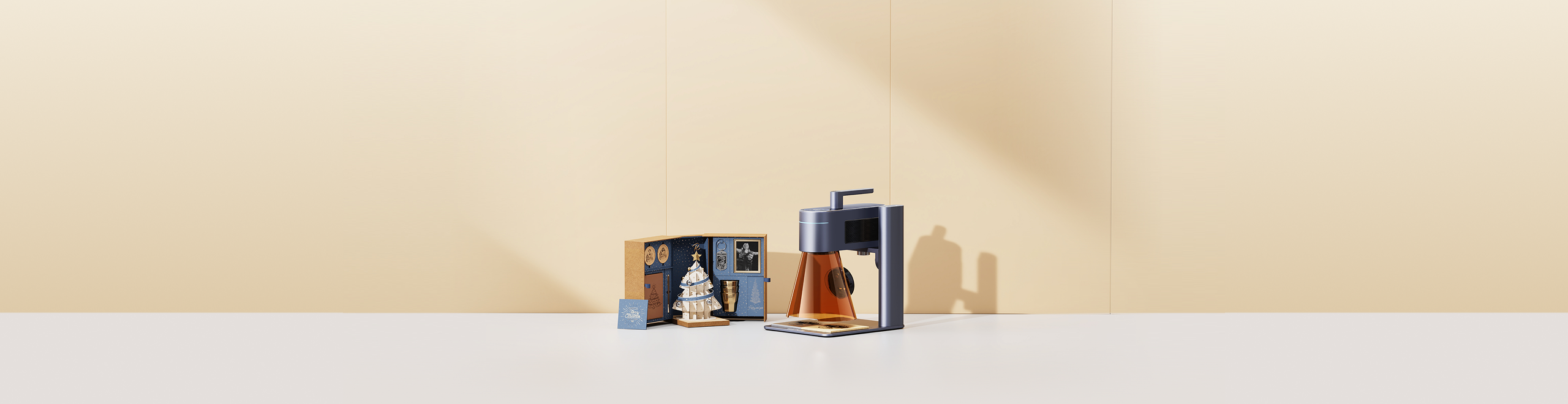 LaserPecker LP4 machine showcase surrounded by intricate multi-piece laser cut and engraved assembly models.