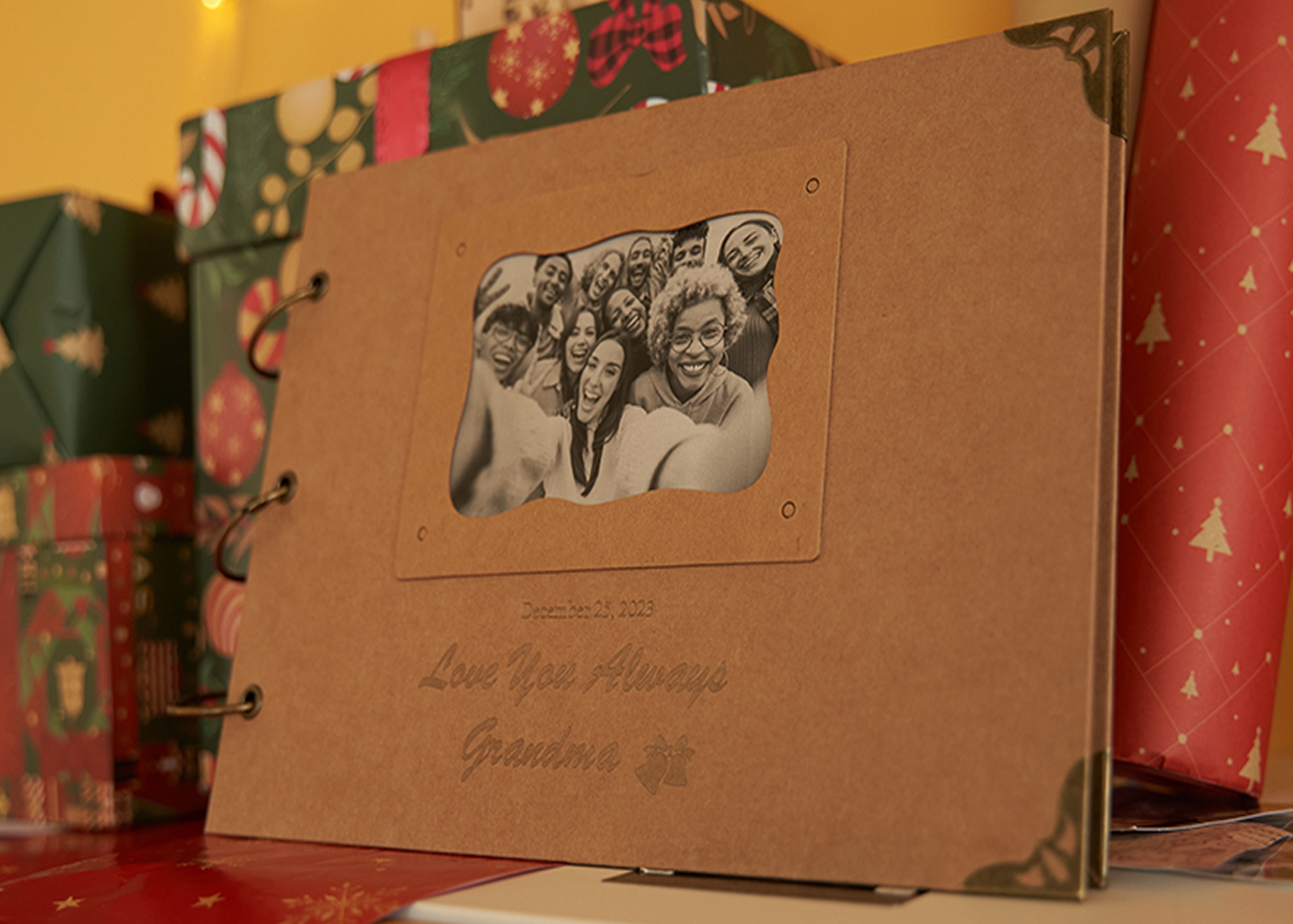 Custom engraved photo album cover with a personalized design laser etched by LaserPecker LP4.