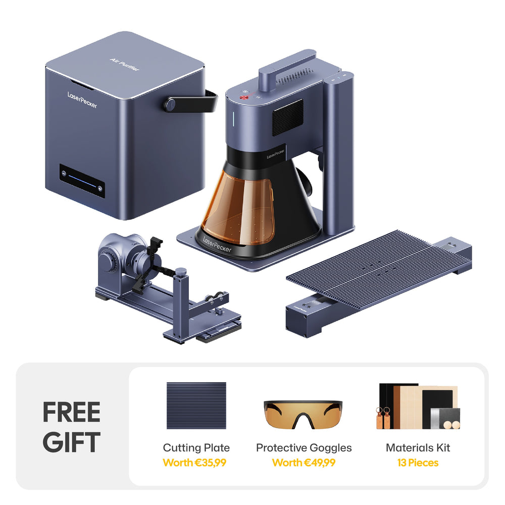 LaserPecker laser engraver premium bundle, including the main machine, air 
purifier, rotary attachment, and extended engraving table, with a free gift of a cutting plate, protective goggles, and 13-piece materials kit.