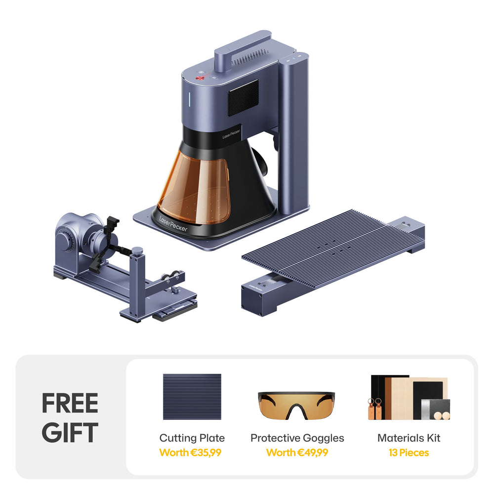 LaserPecker laser engraver full kit, including the main machine, rotary attachment, and extended engraving table, with a free gift bundle of a cutting plate, protective goggles, and 13-piece materials kit.