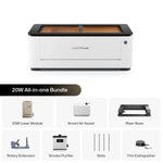 LaserPecker 20W All-in-one Bundle, including the main engraver machine, 20W laser module, Smart Air Assist, Riser Base, Rotary Extension, Smoke Purifier, slats, and a fire extinguisher, offering a complete entry-level solution for safe and versatile engraving on both flat and curved surfaces.