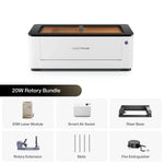 Le pack rotatif LX2 20W comprend le cadre de découpe laser principal, le module laser 20W, le Smart Air Assist, le socle de surélévation, l'extension rotative, les lames de découpe et un extincteur, fournissant une solution d'entrée de gamme pour graver aussi bien les surfaces planes que courbes.