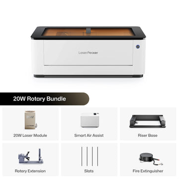 Le pack rotatif LX2 20W comprend le cadre de découpe laser principal, le module laser 20W, le Smart Air Assist, le socle de surélévation, l'extension rotative, les lames de découpe et un extincteur, fournissant une solution d'entrée de gamme pour graver aussi bien les surfaces planes que courbes.