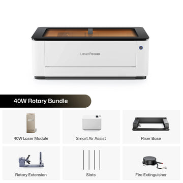 Le pack rotatif LX2 40W comprend le cadre de découpe principal, le module laser 40W, le Smart Air Assist, le socle de surélévation, l'extension rotative, des lames de découpe et un extincteur, fournissant une solution haute puissance pour graver les surfaces planes et courbes.