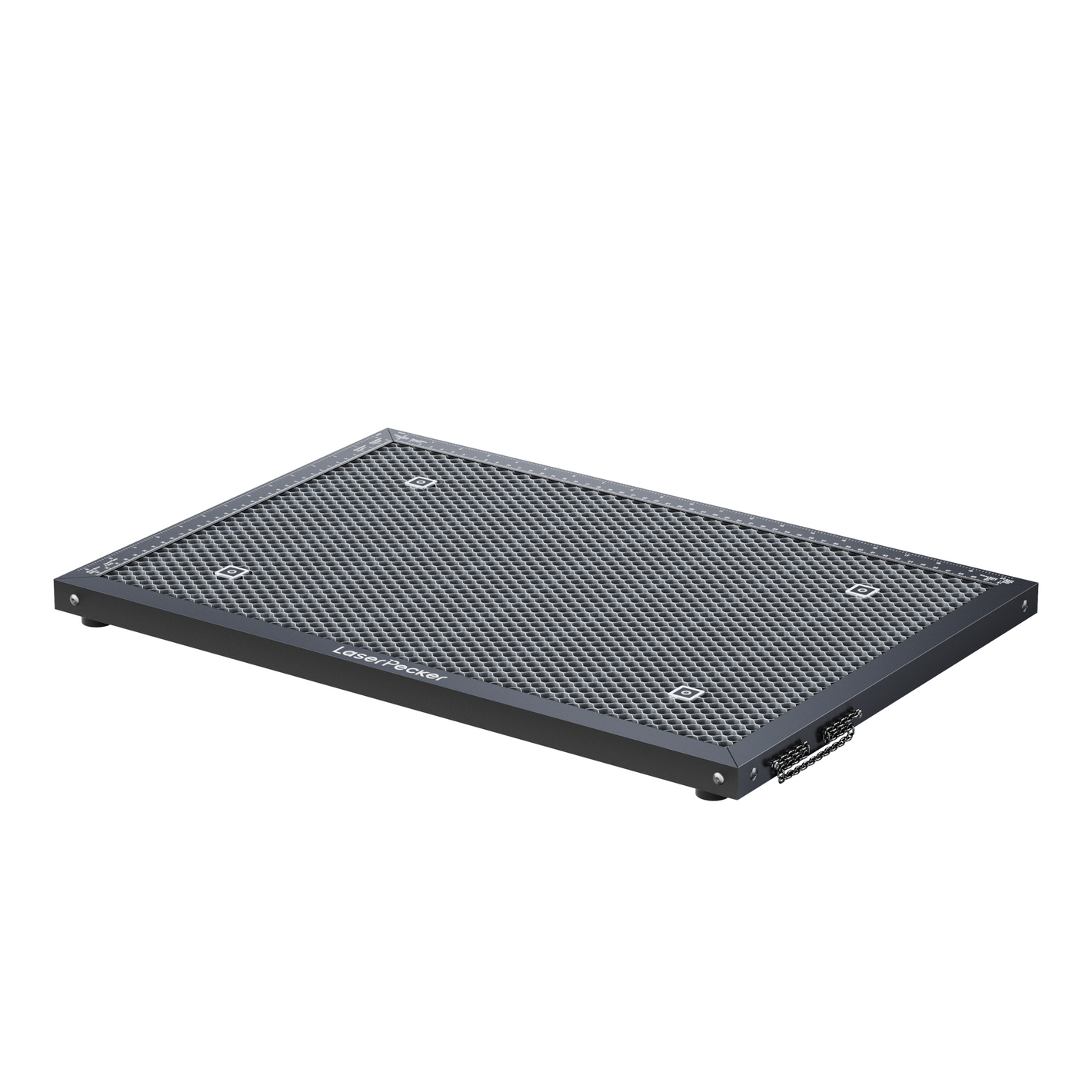 LaserPecker LX2 honeycomb cutting bed with four raised support pads and magnetic chain-style handles on both ends.