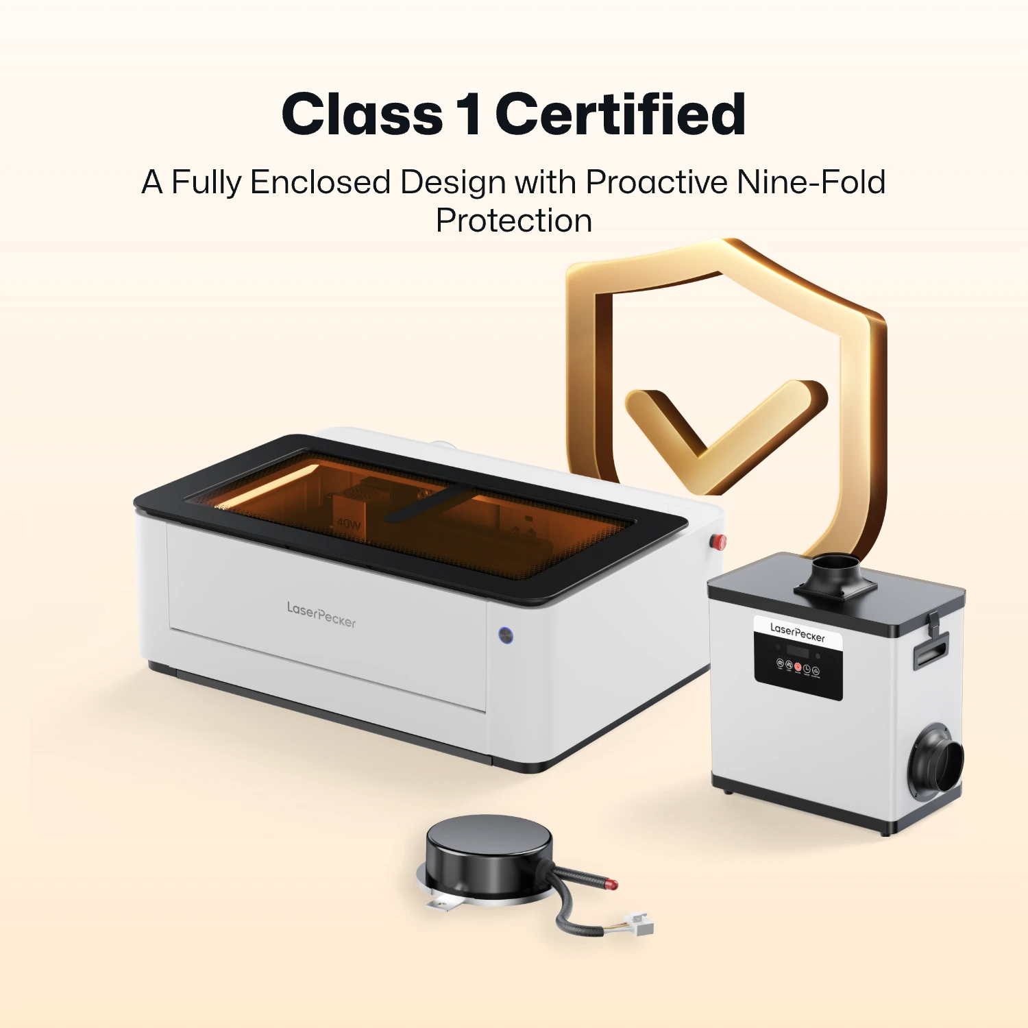LaserPecker fully enclosed laser engraver system, featuring Class 1 laser safety certification and proactive nine-fold protection. The image includes the main engraver unit, an air purifier, and an accessory, emphasizing a safe, integrated workspace for laser processing.