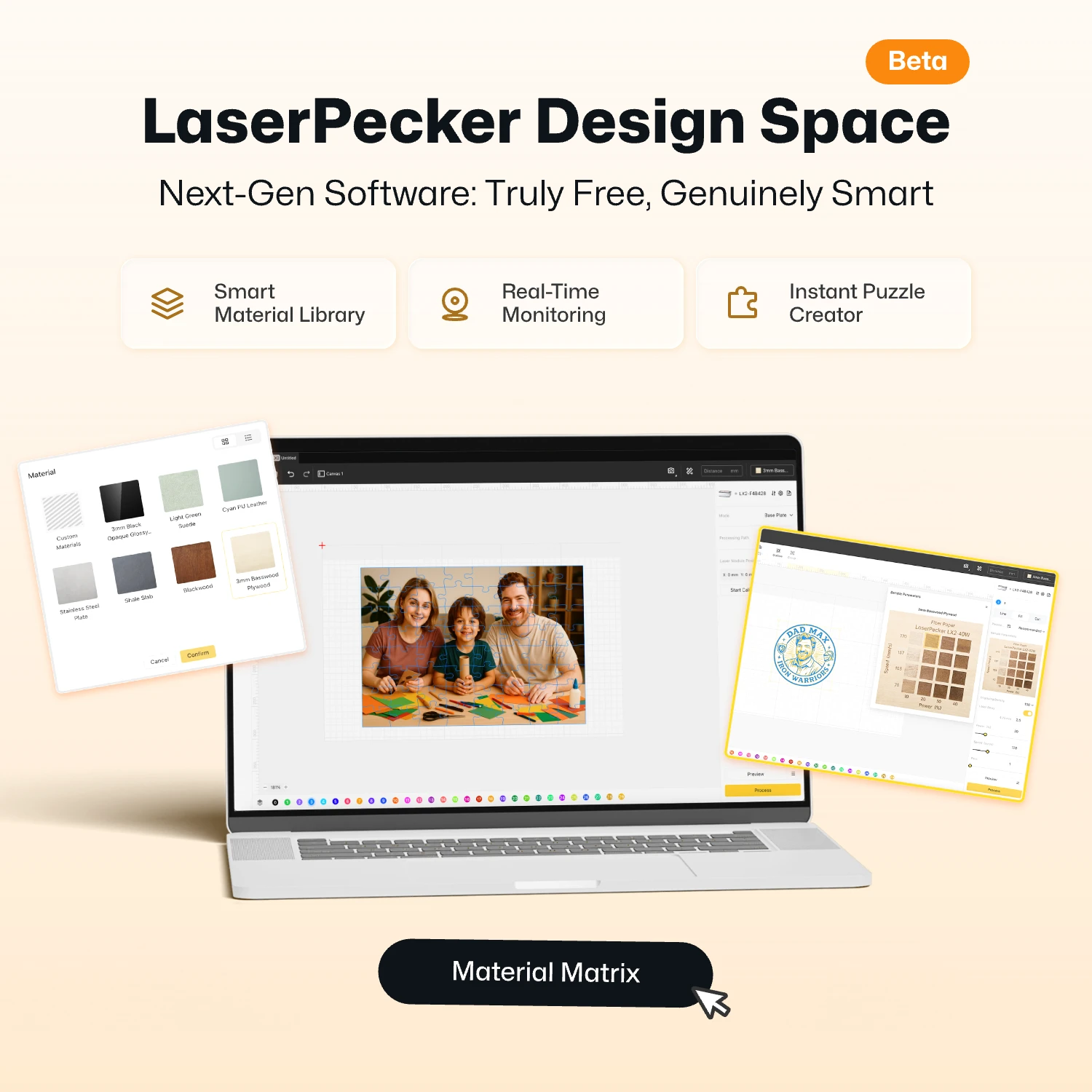 LaserPecker Design Space, a next-gen, free laser engraving software (Beta version), shown on a laptop interface. It highlights key features like the Smart Material Library, Real-Time Monitoring, and Instant Puzzle Creator, with a 