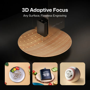 LaserPecker laser engraver showcasing its 3D Adaptive Focus technology, which scans and adjusts focus in real time to achieve flawless engraving on any surface—including curved, uneven, or textured objects like a metal plate, a flask on wood, and a baseball.