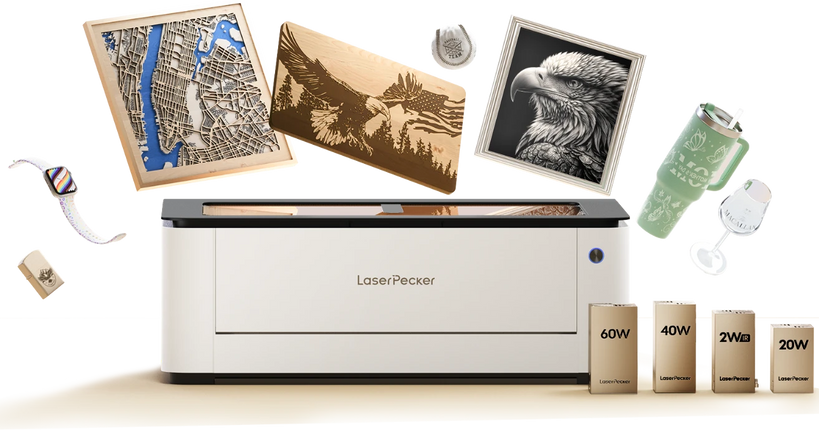 LX2 laser cutter and engraver with finished craft projects for small businesses."