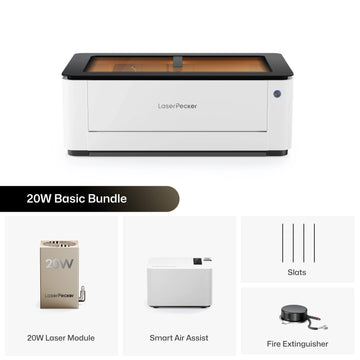 Le pack de base LX2 20W comprend le cadre de découpe laser principal, le module laser 20W, le Smart Air Assist, les lames de découpe et un extincteur, offrant une solution d'entrée de gamme économique et sûre pour les amateurs et les projets DIY.